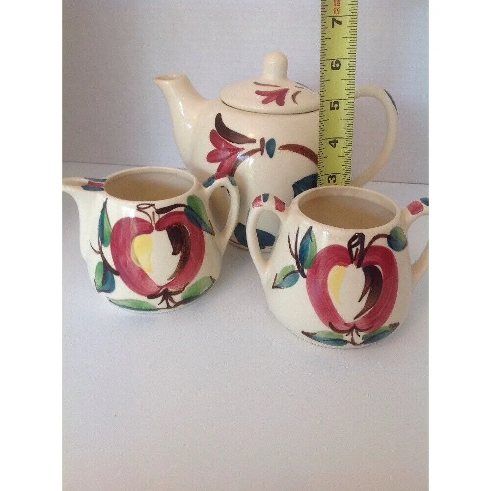 Purinton Apple Pottery slipware Tea/coffee pot with lid, Creamer& Sugar 3‎ piece